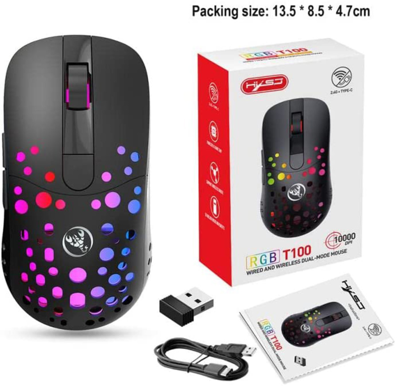 HXSJ T100 Wireless/Wired Optical Gaming Mouse, Black