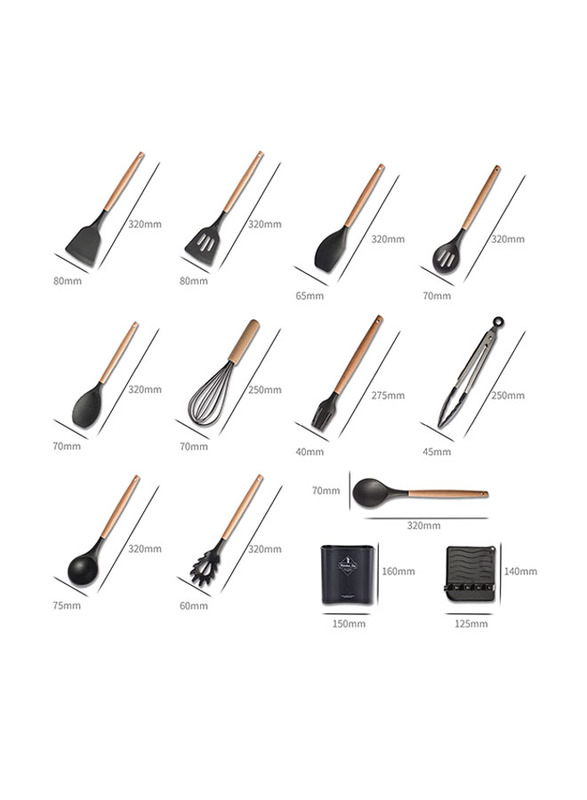 Arabest 13-Piece Silicone Cooking Utensil Spoon Set, Non-stick Utensils with Bamboo Wood Handle, Black