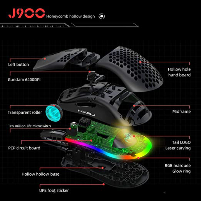 Hxsj J900 USB Wired RGB Gaming Mouse with 6 Adjustable DPI, Black