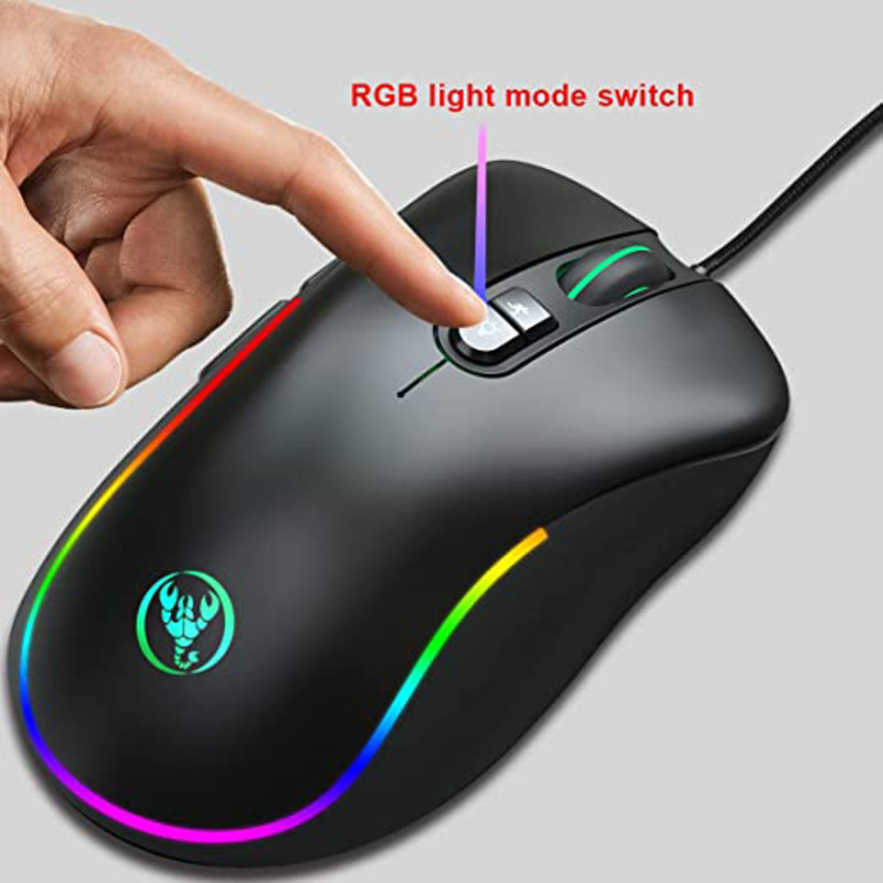 HXSJ J300 Wired Six Adjustable DPI Colorful RGB Gaming Mouse, Black