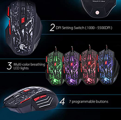 HXSJ H300 5500DPI USB Optical Wired 7 Button Lights Gaming Mouse, Black