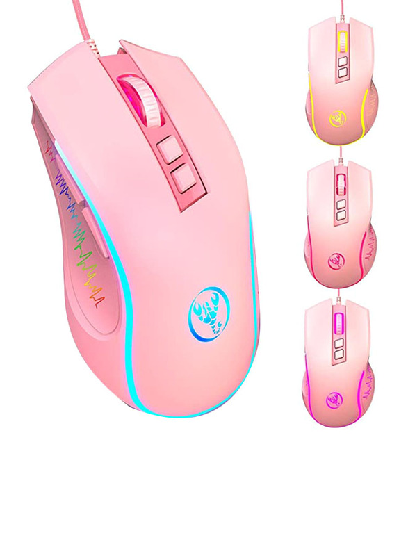 HXSJ X100 3600DPI USB Optical Wired 7 Button Gaming Mouse, Pink
