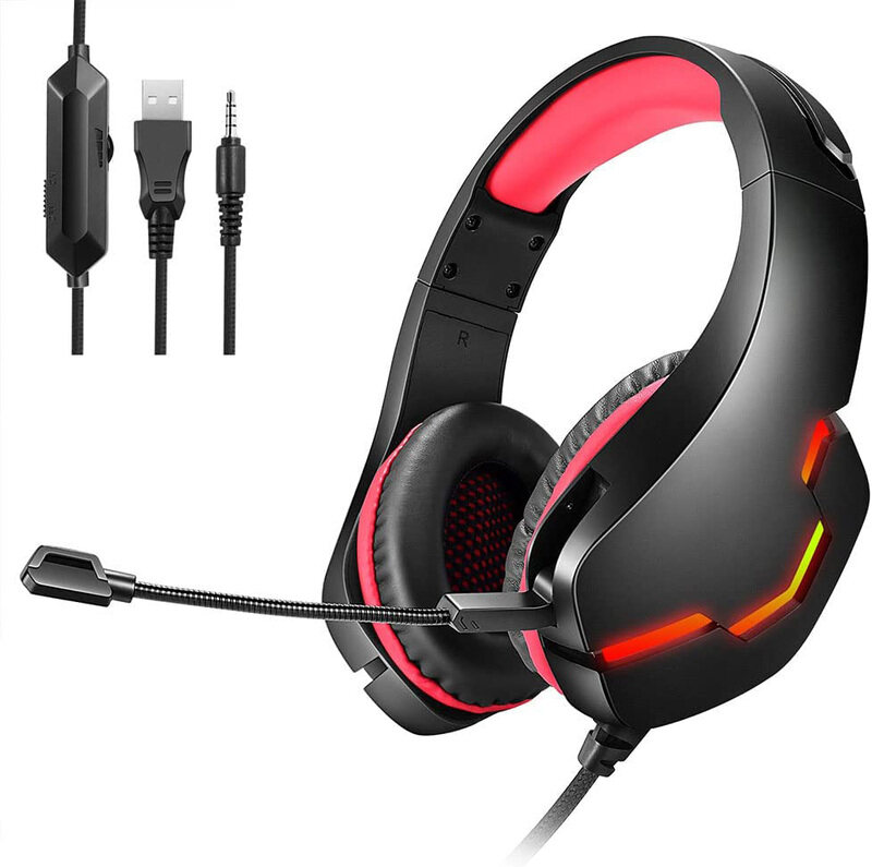 

Direct 2 U J10 USB 7.1 Wired Over-Ear Noise Cancelling Deep Bass Stereo Gaming Headset with Mic and LED Light for PS4 Xbox PC Laptop, Red