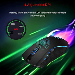HXSJ A869 7200 DPI 6 Speed Adjustable Wired Gaming Optical Mouse, Black