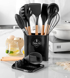 Arabest 13-Piece Silicone Cooking Utensil Spoon Set, Non-stick Utensils with Bamboo Wood Handle, Black