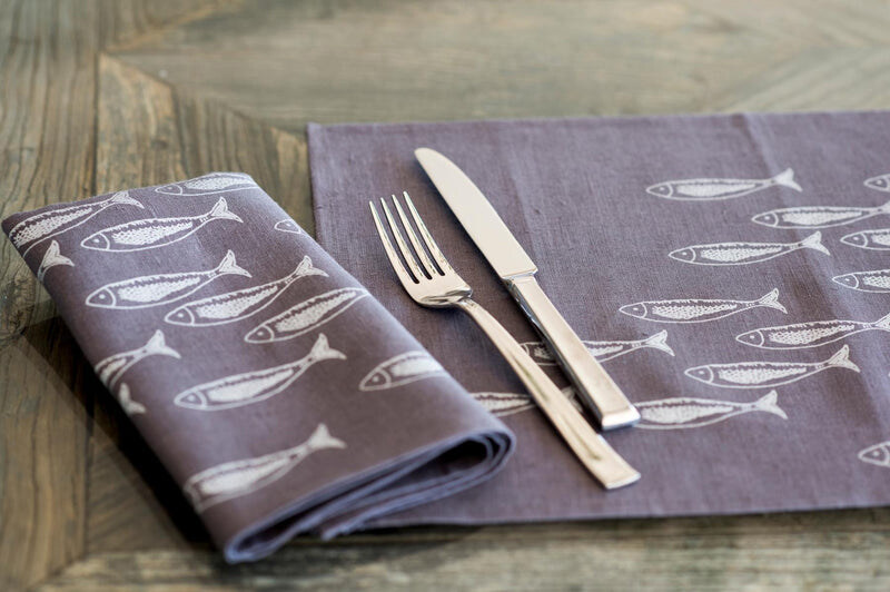 

Helen Round 2-Piece Pure Linen Fish Print Placemat Set, Grey/White