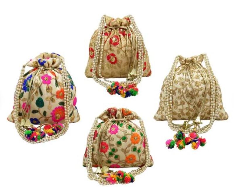 Kaf Craft - Set of 4 Handcrafted Ethnic Drawstring Bag/Purse - Assorted