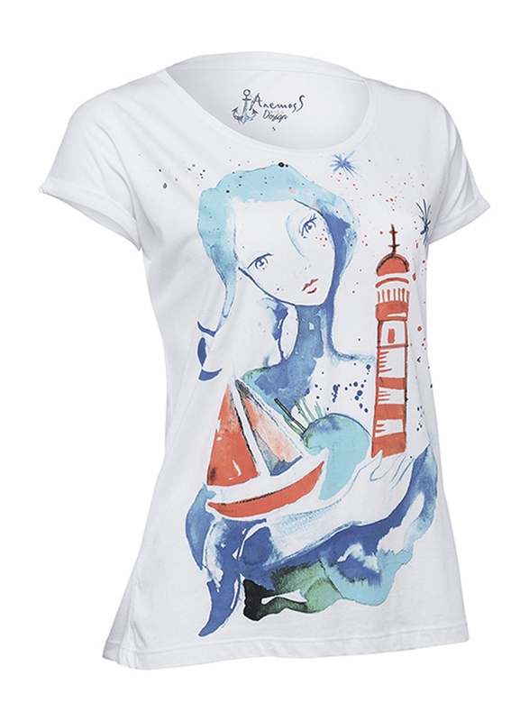 BiggDesign Anemoss Lighthouse Short Sleeve T-Shirt for Women, Large, White/Blue/Orange