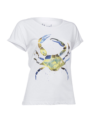 BiggDesign Anemoss Crab Short Sleeve T-Shirt for Women, Large, White/Green/Blue