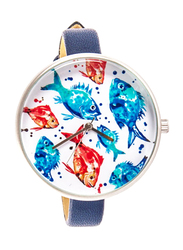 BiggDesign Anemoss Aquarium Design Analog Watch for Women with Leather Band, Water Resistant, Blue-White