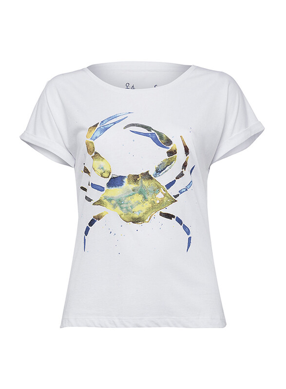 

BiggDesign Anemoss Crab Short Sleeve T-Shirt for Women, Medium, White/Green/Blue