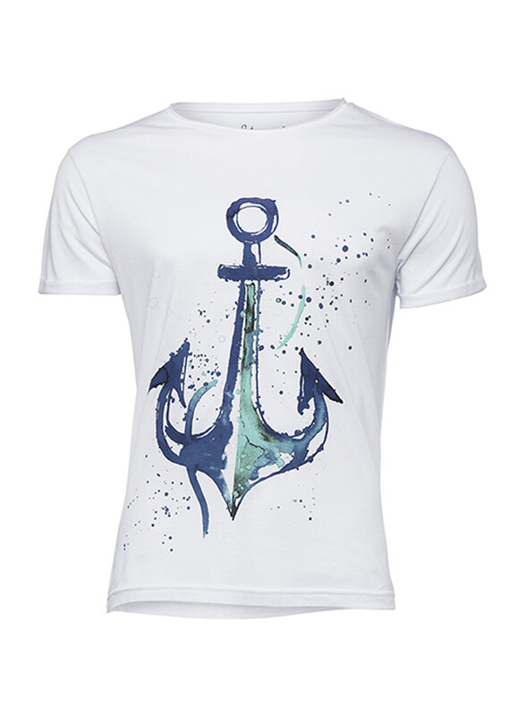 

BiggDesign Anemoss Anchor Short Sleeve T-Shirt for Men, Small, White/Blue/Green