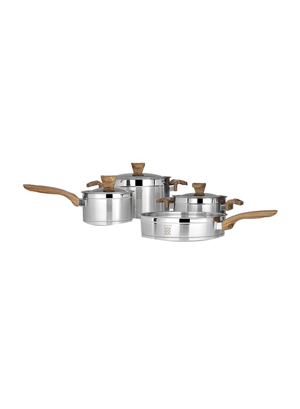 Serenk 7-Piece Definition Stainless Steel Round Cookware Set, Silver/Brown