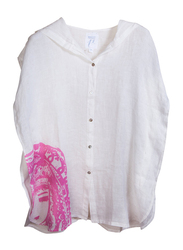 BiggDesign Pink Accents Hooded Sleeveless Mini Beach Dress, Small/Medium, White