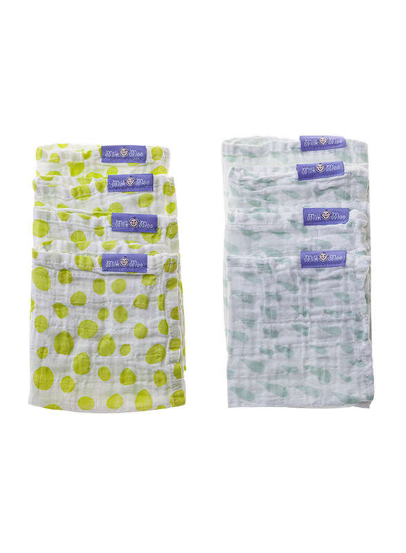 

Milk & Moo 8-Pieces Muslin Large Burp Cloths Set, Green/White