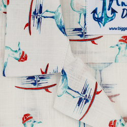 BiggDesign Anemoss Sailor Seagull Patterned Short Sleeve Shirts for Men, Extra Large, Ivory/Blue