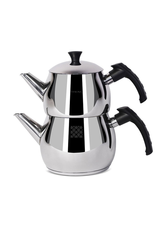 Serenk 3.5 Ltr Traditional Turkish Stainless Steel Double Stove Top Tea Pot with Insulation Base Kettle, Silver