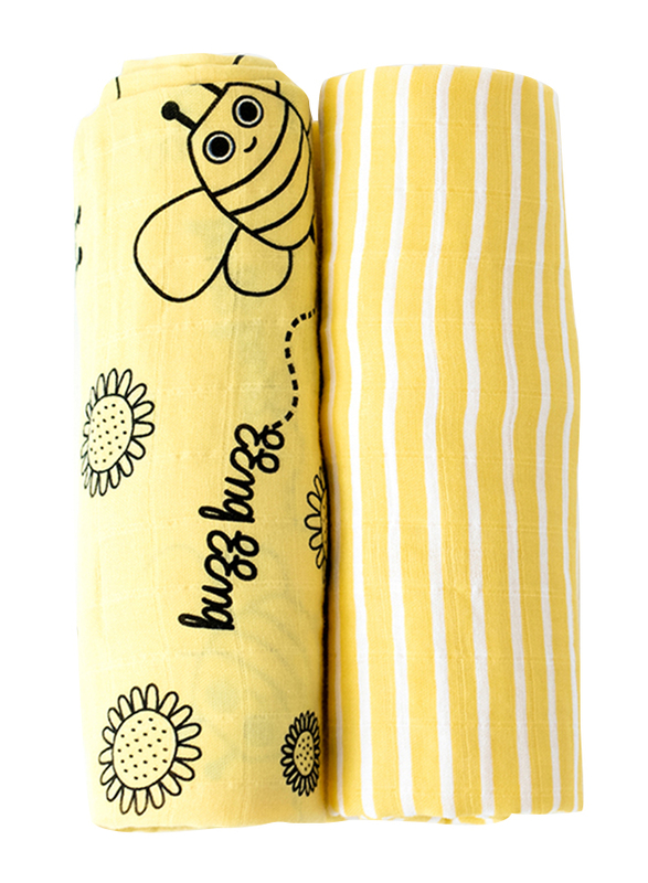 Milk & Moo 2-Piece Buzzy Bee Muslin Swaddle Baby Blankets, Yellow/Black/White