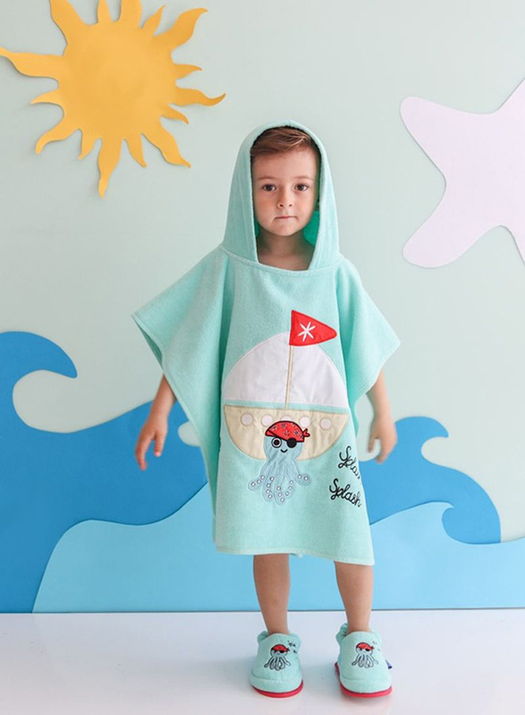 Milk&Moo Sailor Octopus Kids Poncho Towel with House Slippers, 4-6 Years, Turquoise