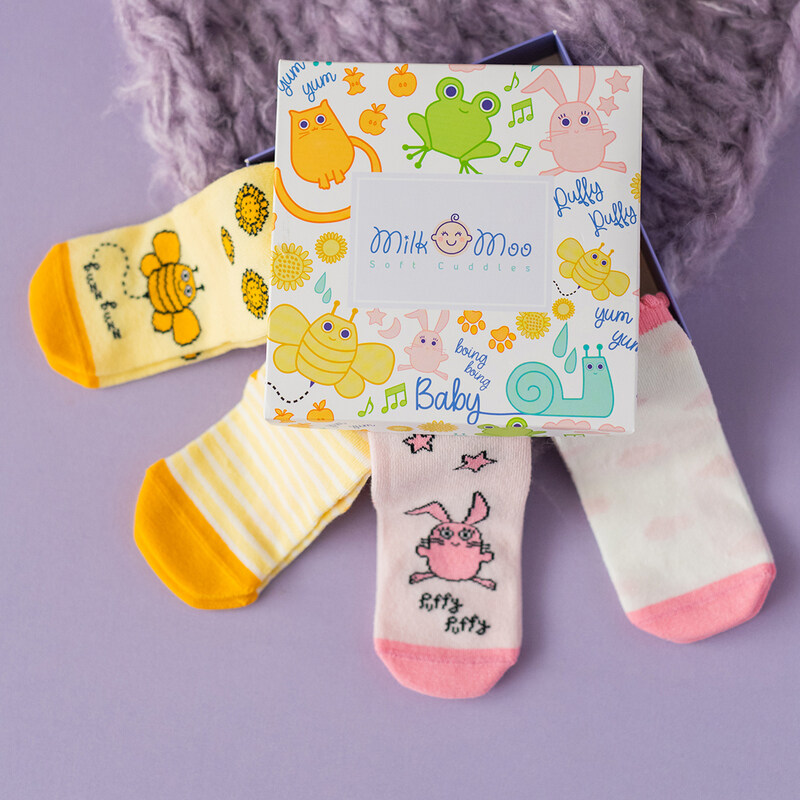 Milk & Moo Yellow Buzzy Bee and Pink Rabbit Chancing 4 In 1 Baby Socks, 12-24 Months, Multicolour