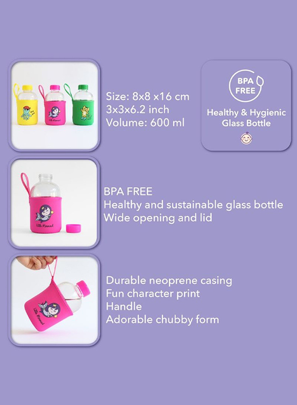 Milk & Moo Little Mermaid Kids Glass Water Bottle, 600ml, Pink