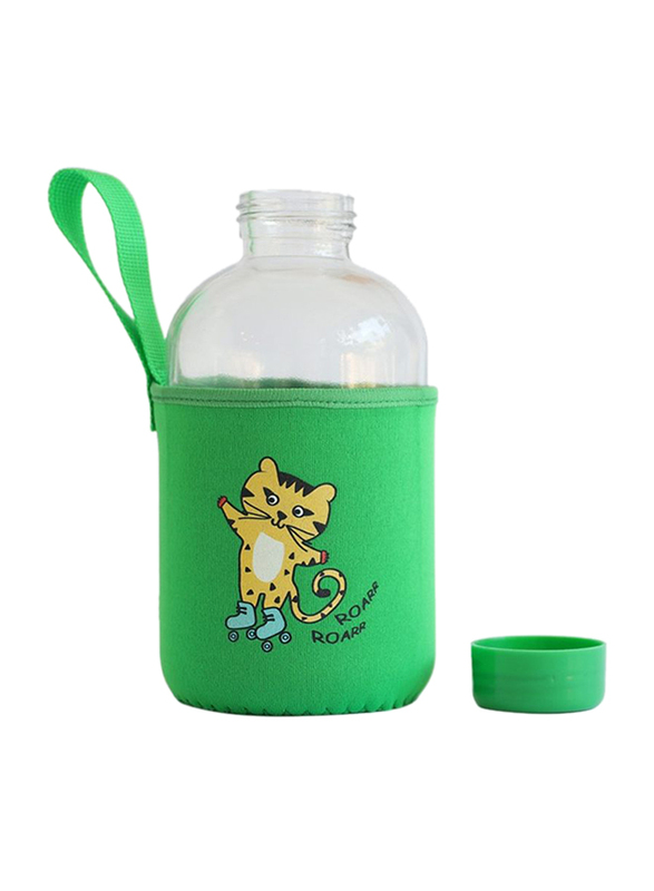 Milk & Moo Skater Cheetah Kids Glass Water Bottle, 600ml, Green