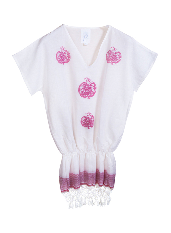 BiggDesign Pomegranate Print Short Sleeve Mini Beach Dress, Small/Medium, White