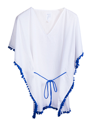 BiggDesign Pompom Batwing Mini Beach Dress, Large/Extra Large, White/Blue