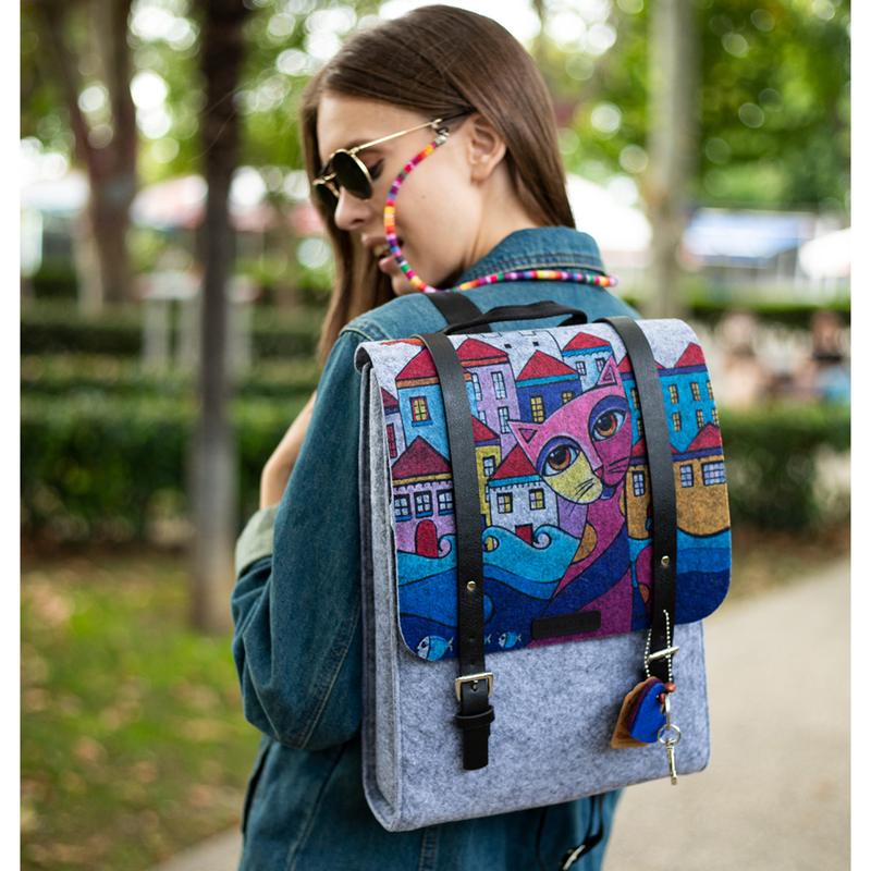 BiggDesign Owl and City Felt Backpack, Multicolour