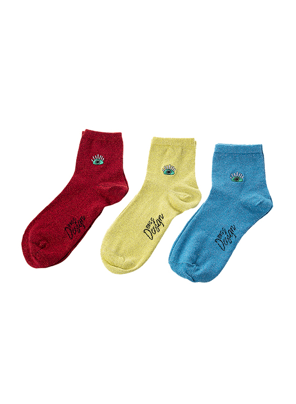 Biggdesign My Eyes On You Glitter Socks Set for Women, 3 Pairs, Multicolour