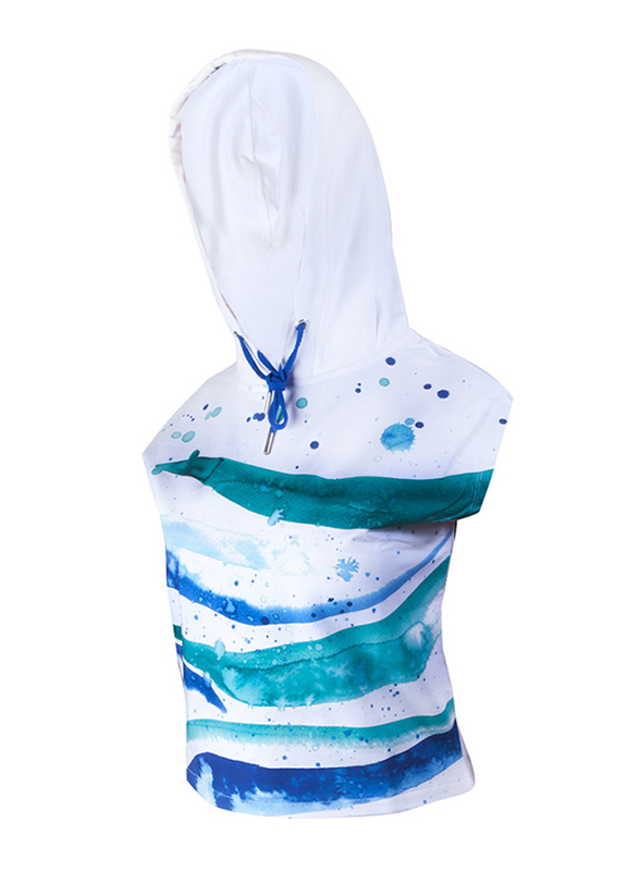 BiggDesign Anemoss Wave Patterned Sleeveless Hoodie for Women, Medium, Navy Blue/White/Green