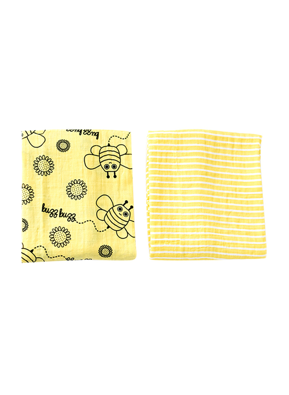 Milk & Moo 2-Piece Buzzy Bee Muslin Swaddle Baby Blankets, Yellow/Black/White