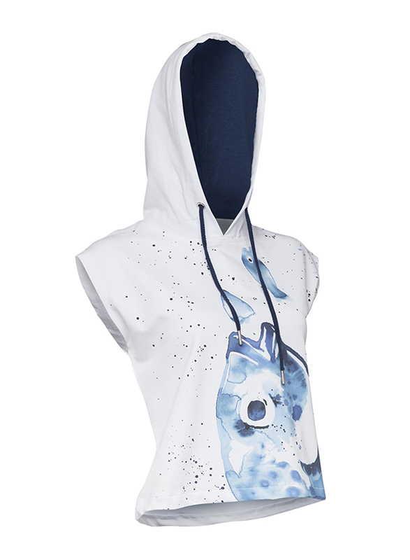BiggDesign Anemoss Sea Bream Print Sleeveless Hoodie Sweatshirt for Women, Small, Navy Blue/White