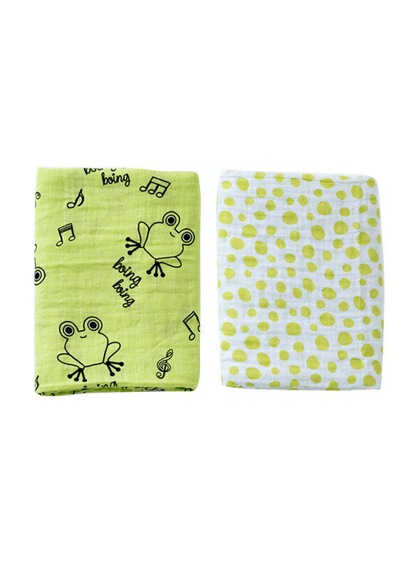 Milk & Moo 2-Piece Cacha Frog Muslin Swaddle Baby Blankets, Green/Black/White