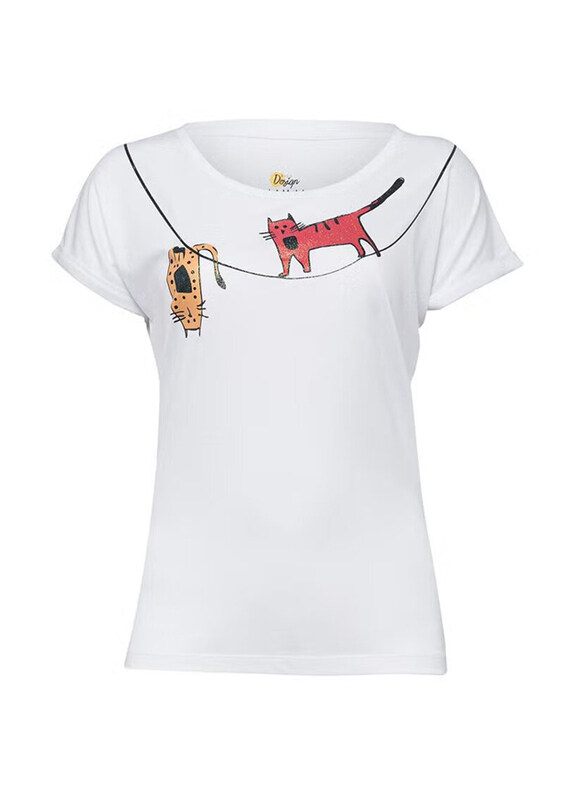 

BiggDesign Cats Short Sleeve T-Shirt for Women, Small, White