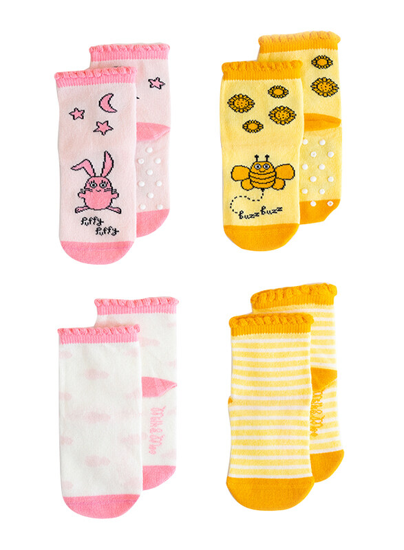 Milk & Moo Yellow Buzzy Bee and Pink Rabbit Chancing 4 In 1 Baby Socks, 12-24 Months, Multicolour