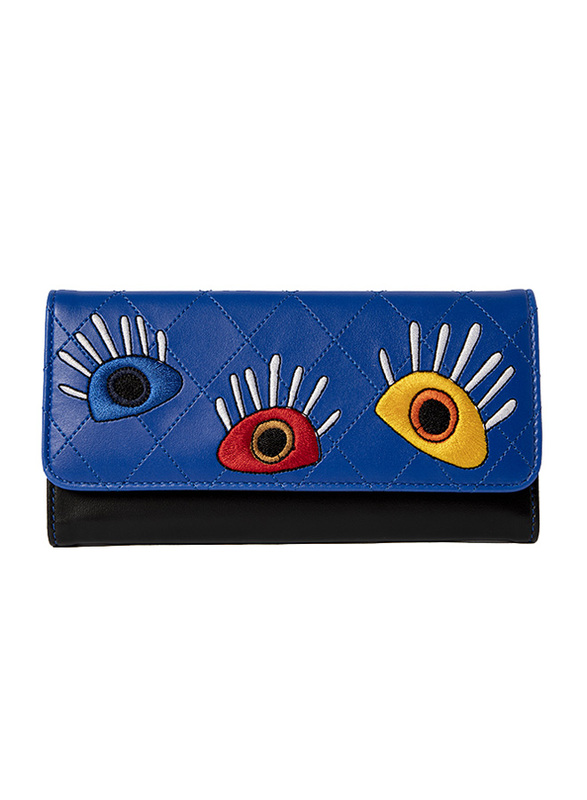 Biggdesign My Eyes On You Embroidered Flap Wallet for Women, Blue/Black