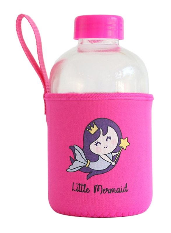 Milk & Moo Little Mermaid Kids Glass Water Bottle, 600ml, Pink