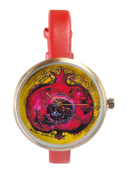 BiggDesign Pomegranate Patterned Analog Watch for Women with Leather Band, Water Resistant, Red