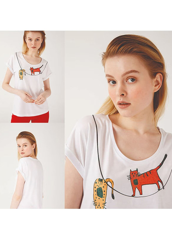 BiggDesign Cats Printed T-Shirt for Women, L, White