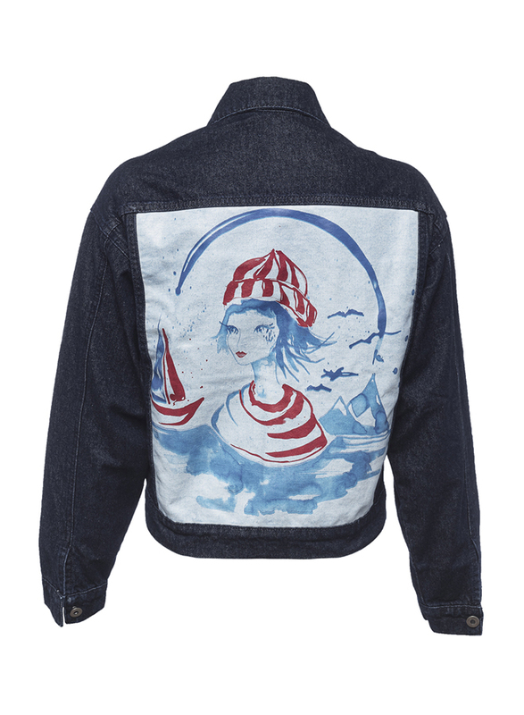 BiggDesign Anemoss Sailor Long Sleeve Denim Jacket for Women, Oversized, Blue