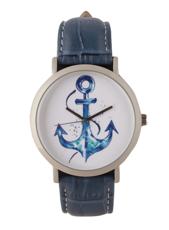 BiggDesign Anchor Design Analog Watch for Men with Leather Band, Water Resistant, Blue-White