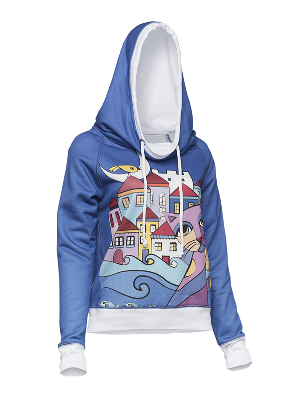 BiggDesign Owl And City Printed Long Sleeve Hoodie Sweatshirt for Women, Large/Extra Large, Blue