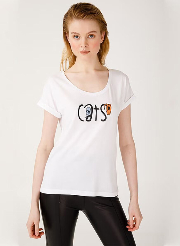 BiggDesign Cats T-Shirt for Women, L, White
