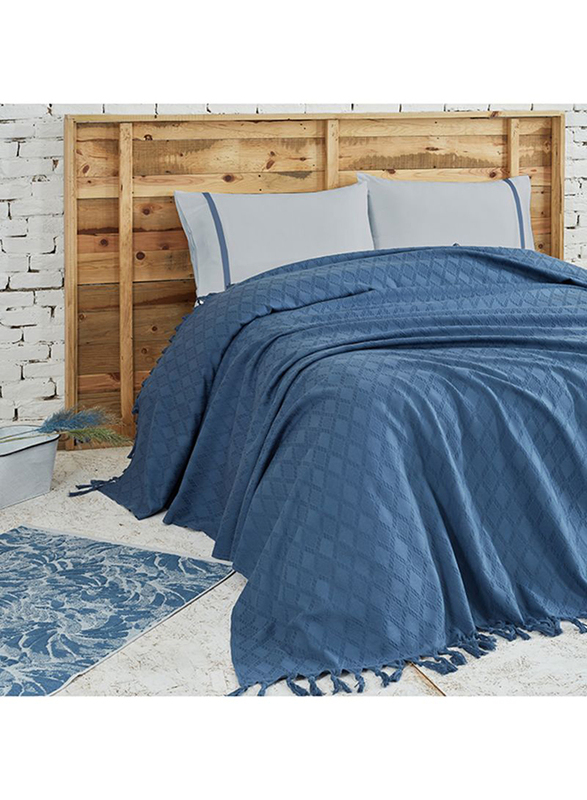 Ecocotton 3-Piece Balera Single Pique Set, 1 Pique + 1 Bed Sheet + 1 Pillow Case, Blue