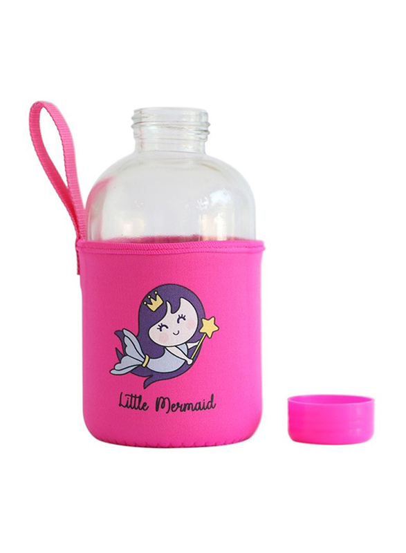 Milk & Moo Little Mermaid Kids Glass Water Bottle, 600ml, Pink