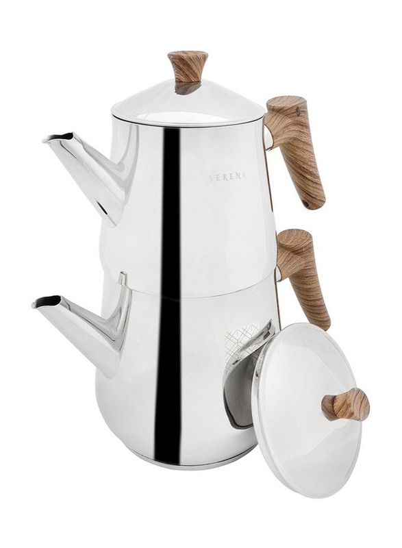 Serenk 4-Piece 2.8 Ltr 18/10 Stainless Steel Round Traditional Turkish Tea Pot with Lids, Silver/Brown