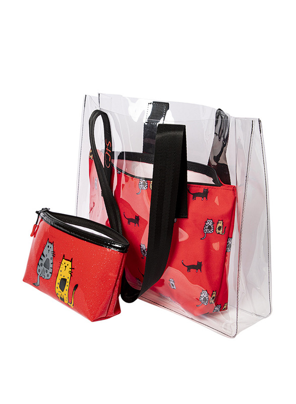 BiggDesign Cats Clear Tote Bag and Travel Makeup Bag Set for Women, 2 Pieces, Red