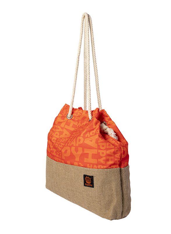 BiggDesign Moods Up Happy Jute Shoulder Bag for Women, Orange/Beige