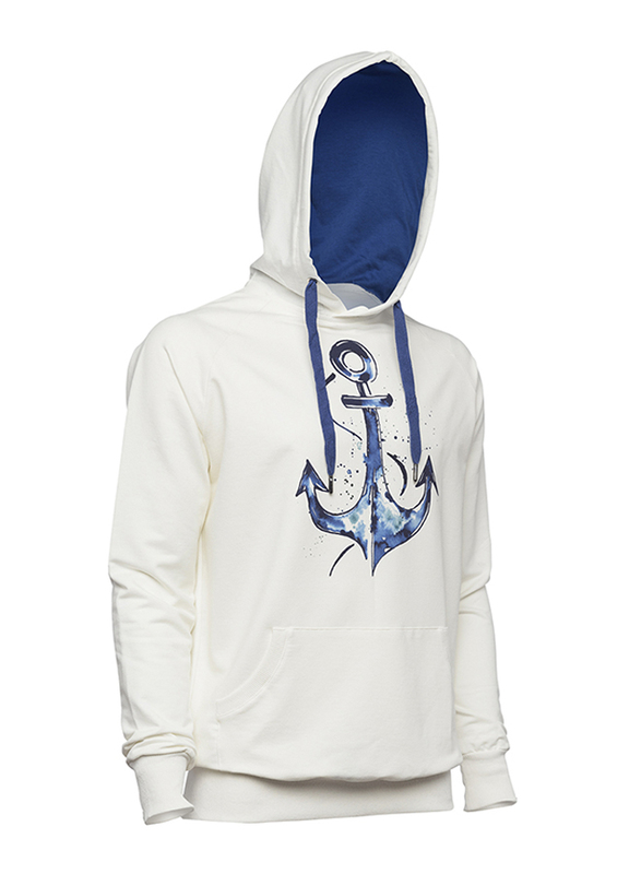 BiggDesign Anemoss Anchor Long Sleeve Hoodie Sweatshirt for Men, White/Blue